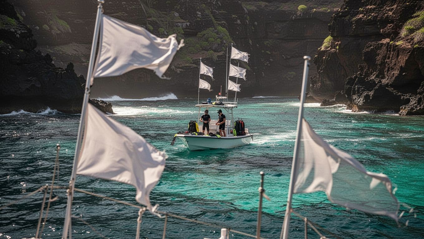 Turquoise waters lap rocky cliffs, two snorkelers prepare gear on distant boat, wind flags flutter in foreground.