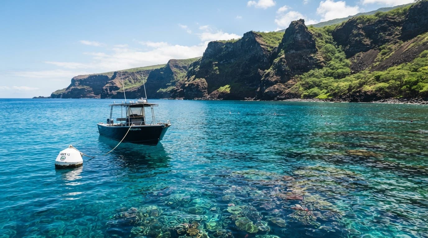 A small tour boat tied to a buoy above a coral reef in Kealakekua Bay.