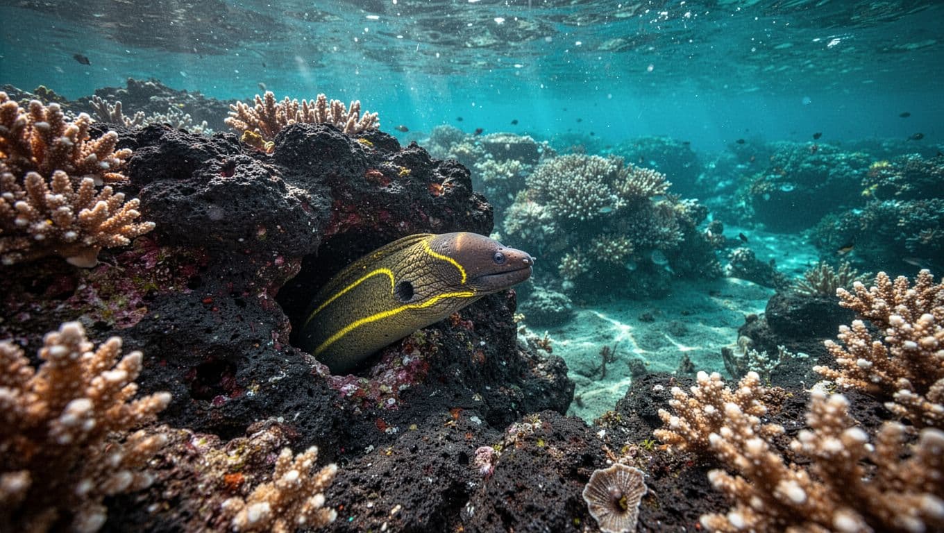 A yellowmargin moray eel peers from a rocky crevice on a bright coral reef.