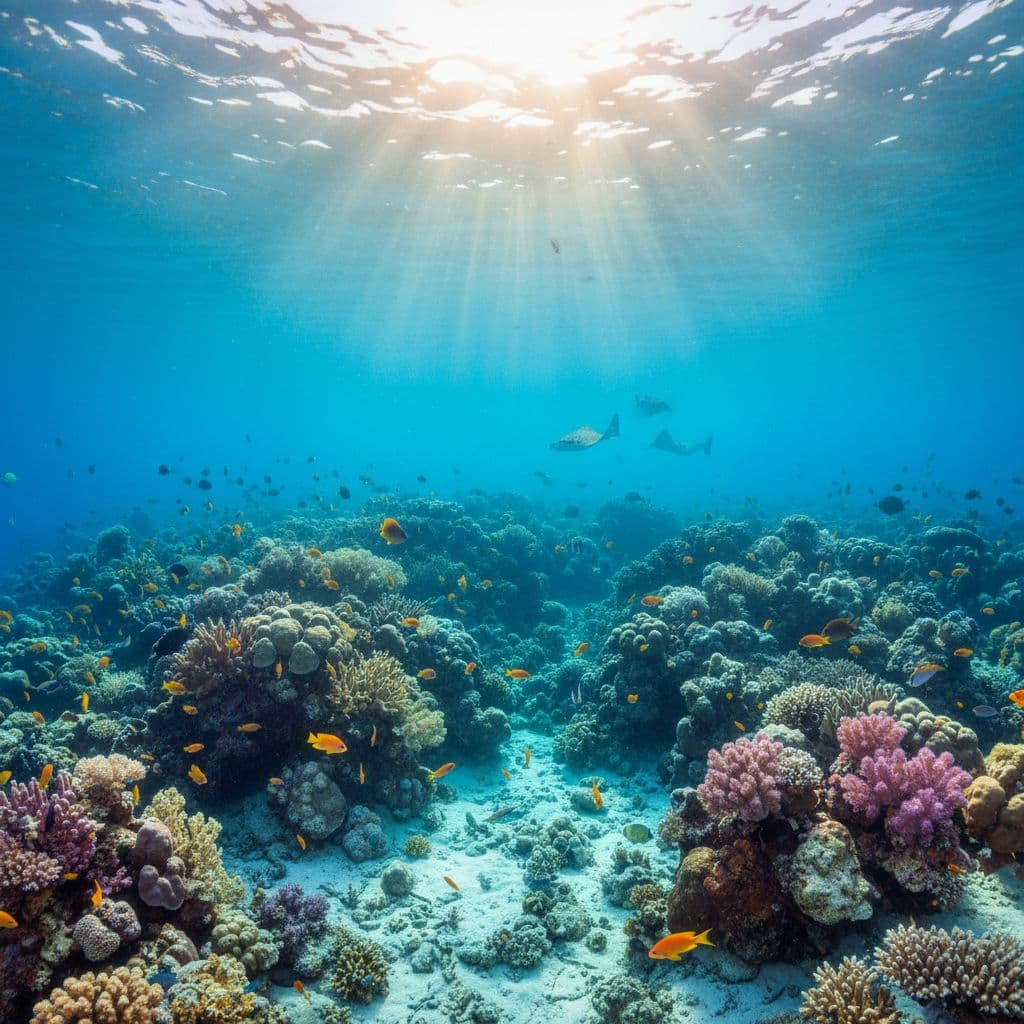 Sun rays pierce turquoise water over coral reef and tropical fish schools in Kealakekua Bay.