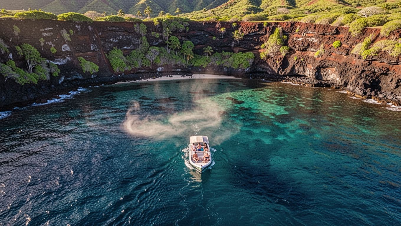 Aerial view of milky runoff near shore transitioning to clear turquoise offshore waters, volcanic cliffs, greenery, and snorkel boat with three people.