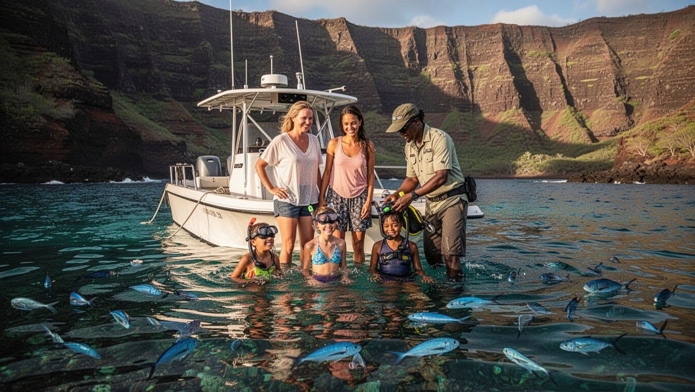 Intimate private charter boat with a family of four and guide snorkeling in serene Kealakekua Bay, anchored near reef with personalized gear, relaxed smiles amid turquoise waters and cliffs, cinematic golden hour lighting.