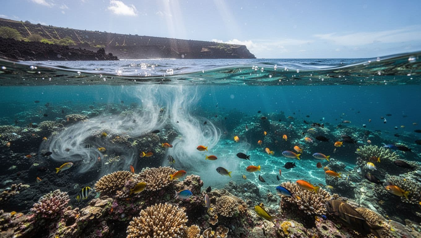 Colorful fish swim over coral as cloudy runoff meets clear blue water near shore.
