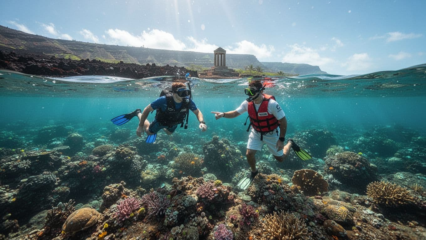 Three snorkelers and a guide float above a bright reef in clear Hawaiian water.