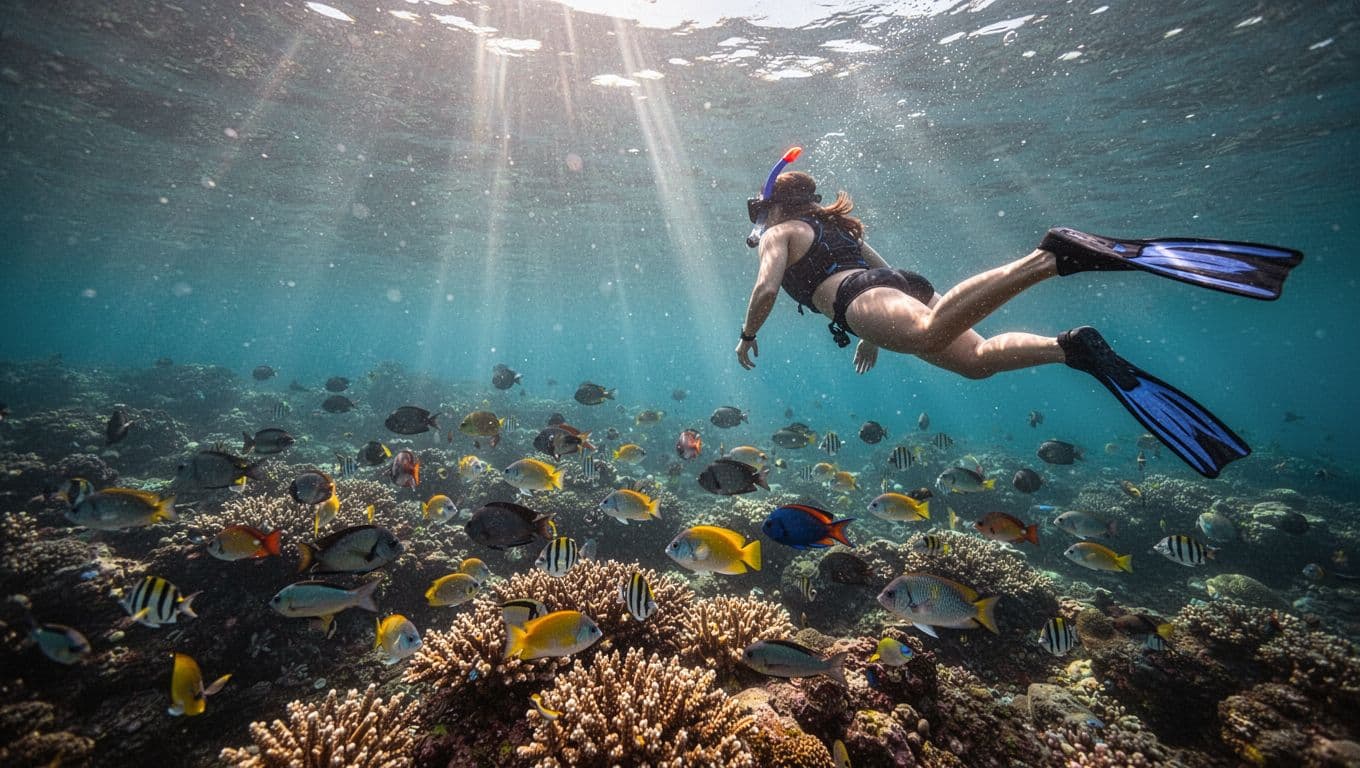 A snorkeler watches tropical fish above a coral reef in clear Hawaiian water.