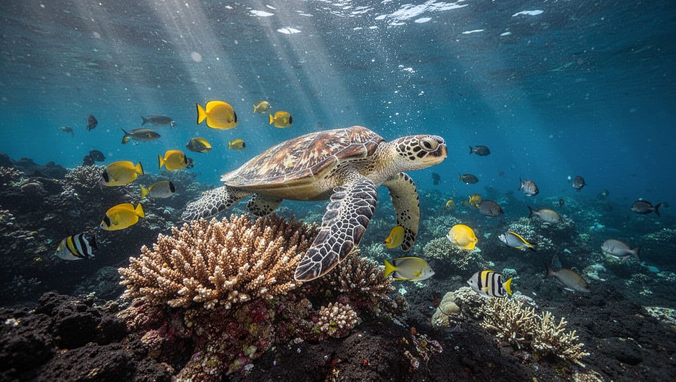 A green sea turtle and colorful fish swim above coral in clear blue water.