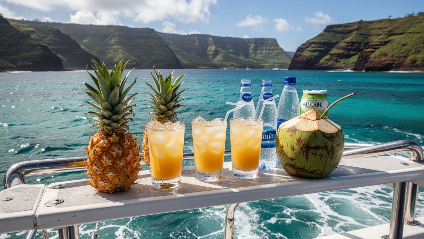 Assortment of chilled water bottles, pineapple juice, coconut water, and light sodas on a boat railing overlooking turquoise ocean waters, green cliffs, and sunny sky in a vibrant tropical setting.