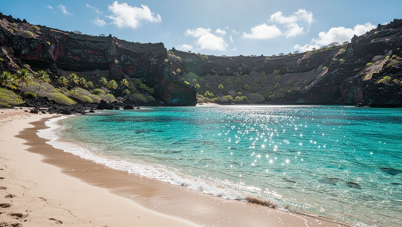 Turquoise water in a tropical bay surrounded by volcanic cliffs.
