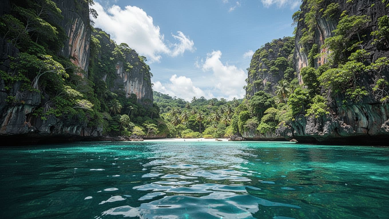 Green sea cliffs beside calm turquoise water at Kealakekua Bay, Hawaii.