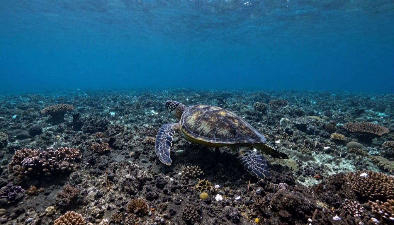 A sea turtle swims above a clear volcanic reef in blue Hawaiian water.