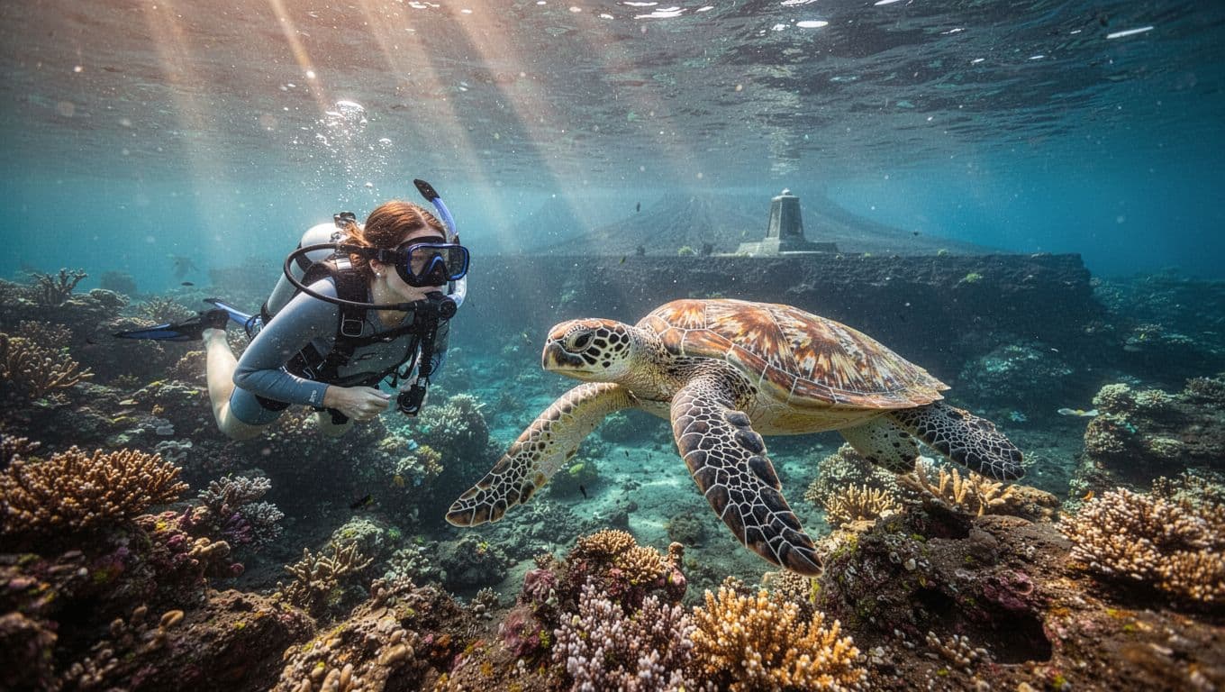 A snorkeler observes a sea turtle above a coral reef in clear Hawaiian water.