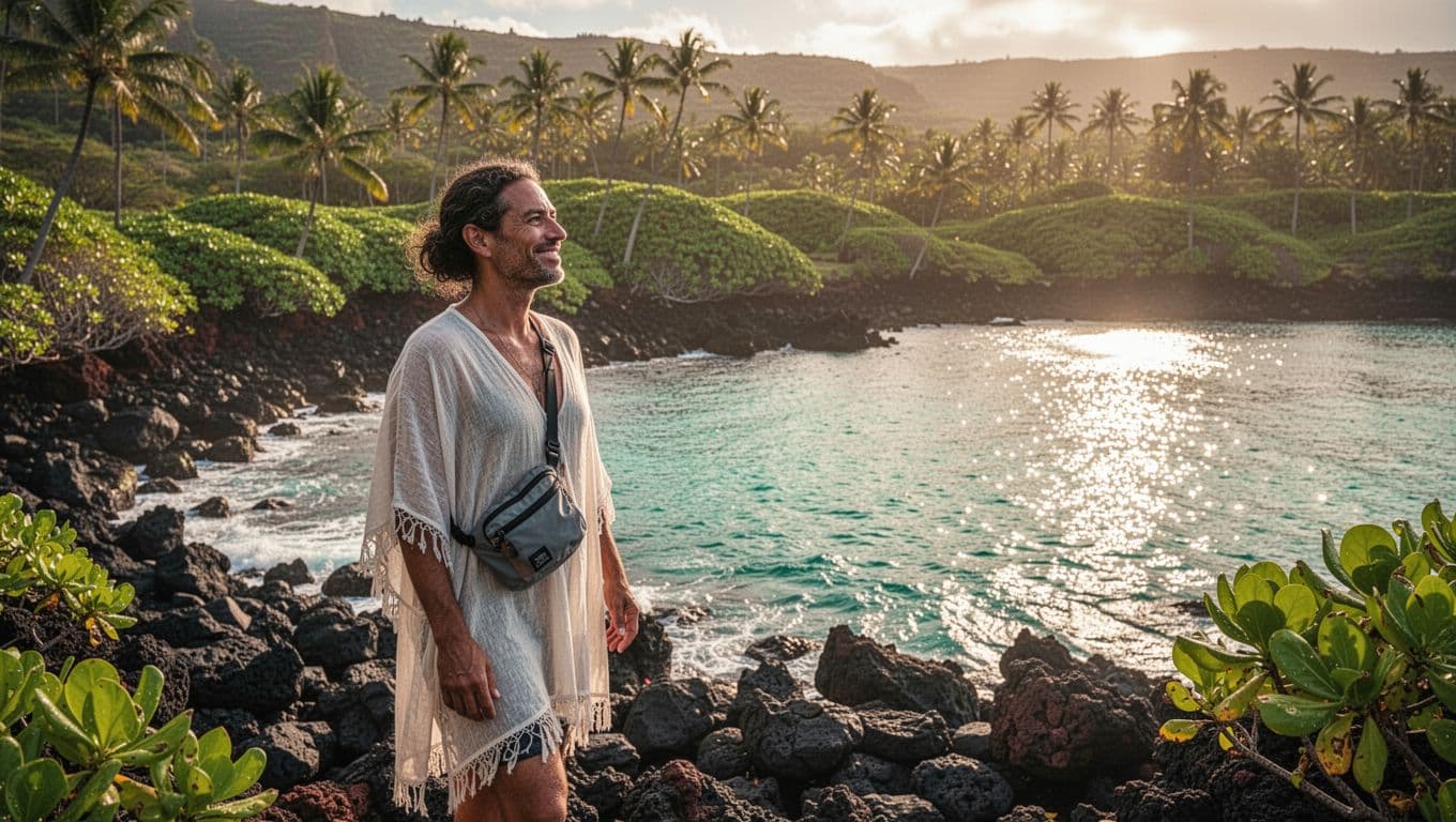 A traveler with a dry bag stands beside calm water on a sunny Hawaiian shoreline.