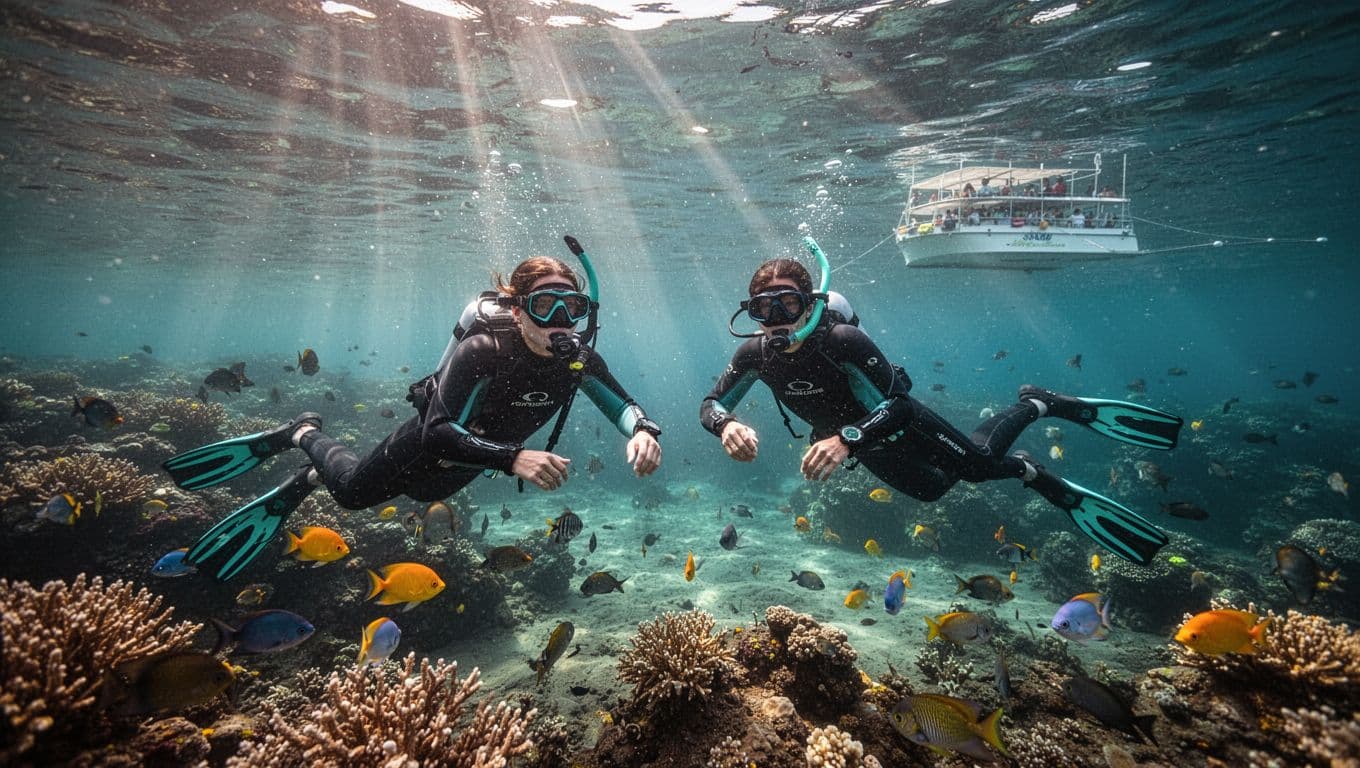 A small group of four snorkelers in masks, fins, and wetsuits floats calmly in the shallow turquoise waters of Kealakekua Bay, with vibrant coral and fish visible below and an anchored tour boat with guides in the background on a sunny tropical day.