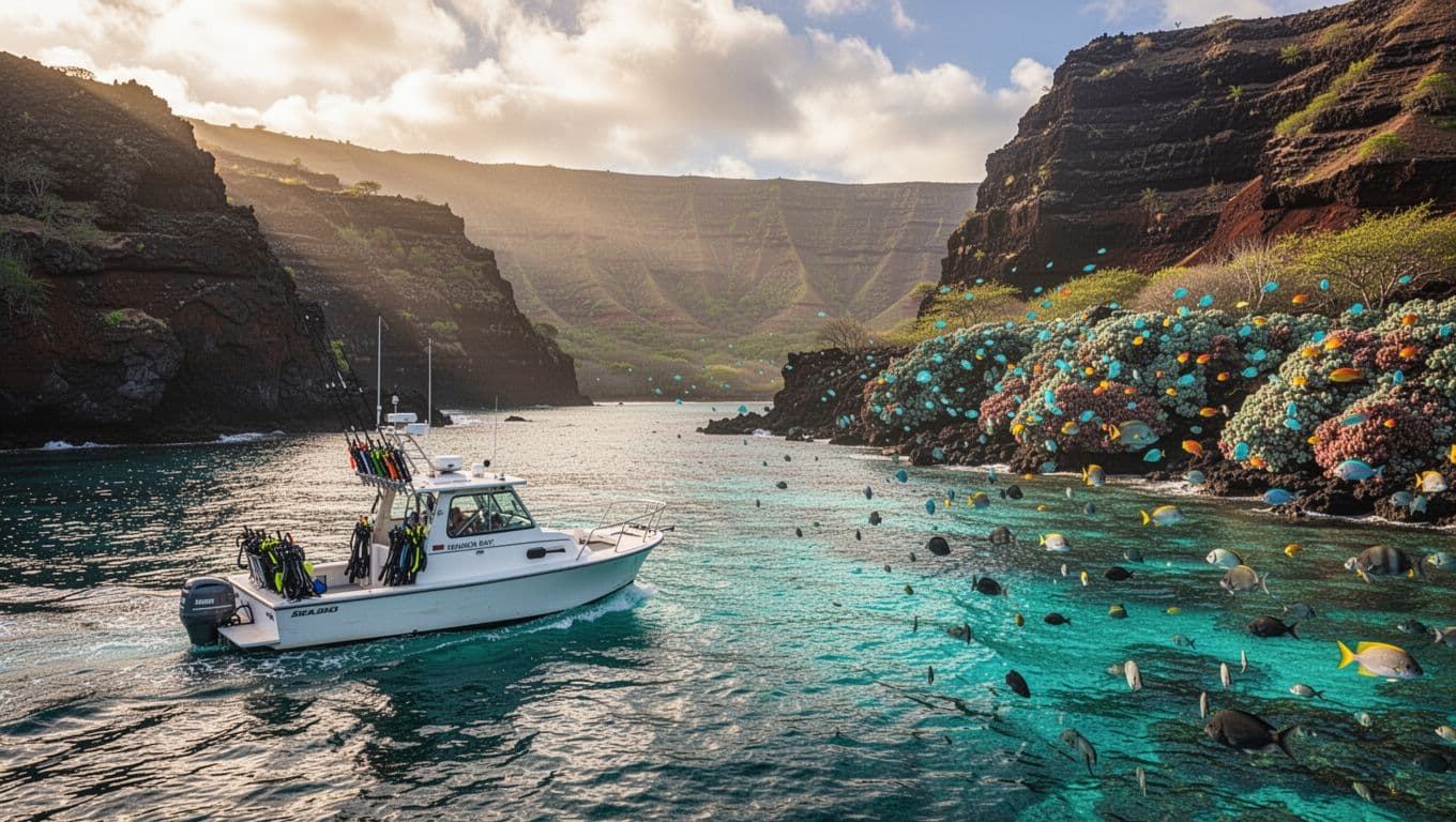 A snorkel boat approaches Kealakekua Bay beneath volcanic cliffs.