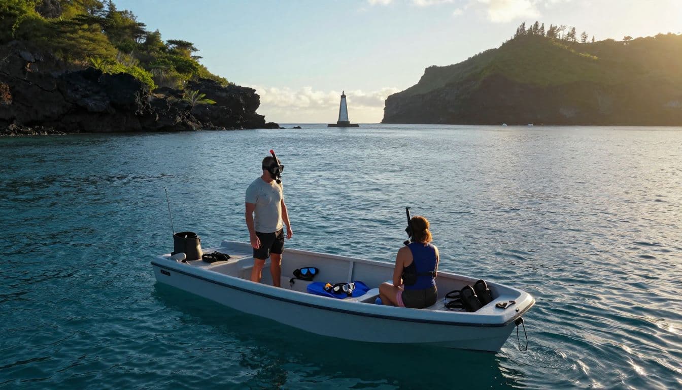 Two people prepare a snorkel boat with gear near Kealakekua Bay at sunrise.