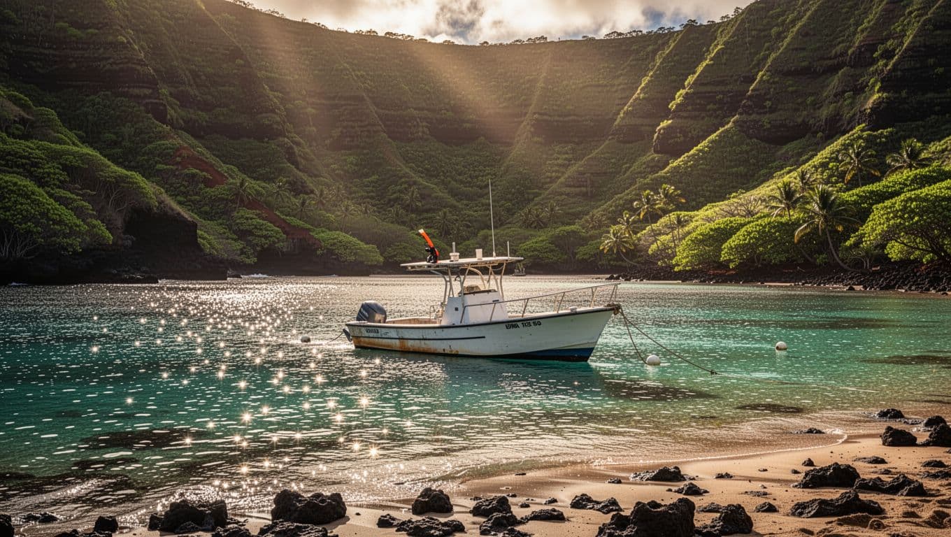 A snorkel boat floats near shore beneath green cliffs at Kealakekua Bay.