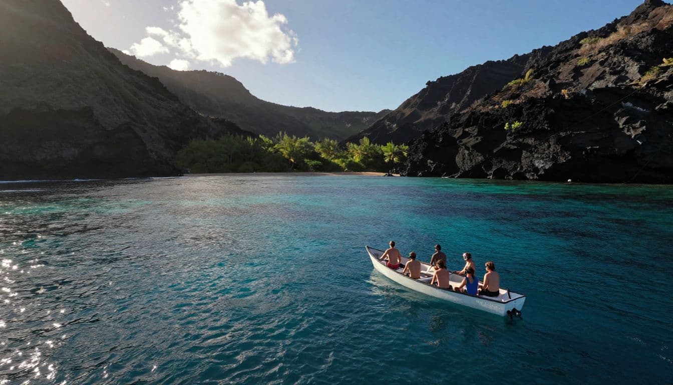 A small snorkel boat approaches Kealakekua Bay beneath cliffs and a bright morning sky.