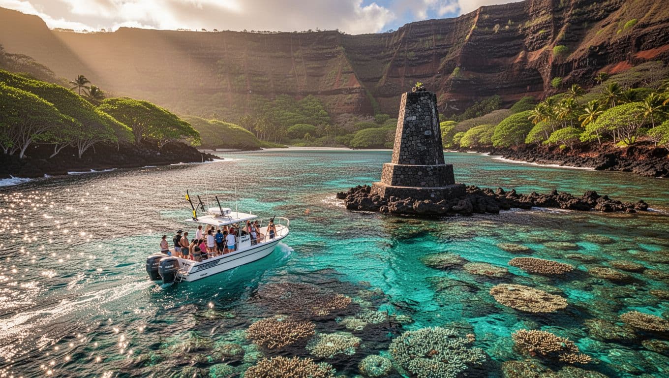 A snorkel boat approaches Captain Cook Monument above a visible coral reef.