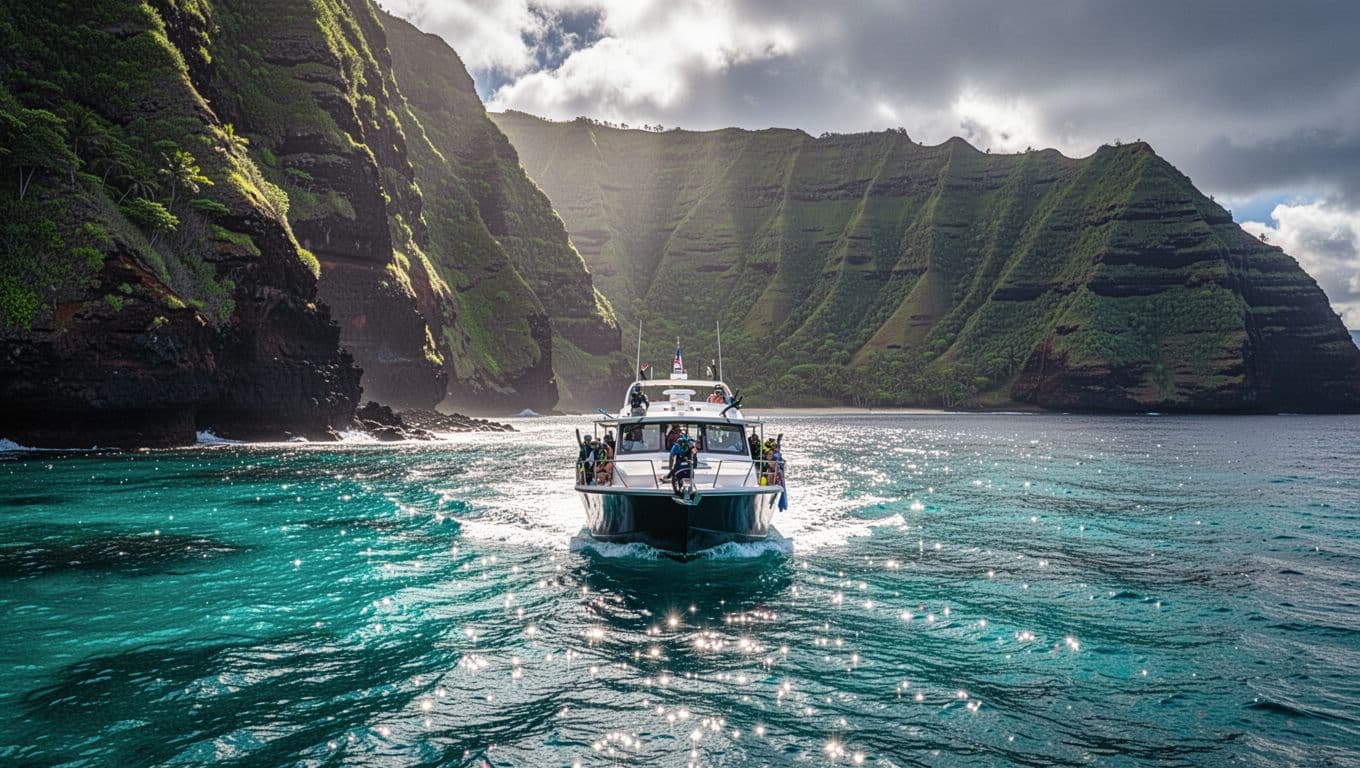 A snorkel boat heads toward green sea cliffs across turquoise water.