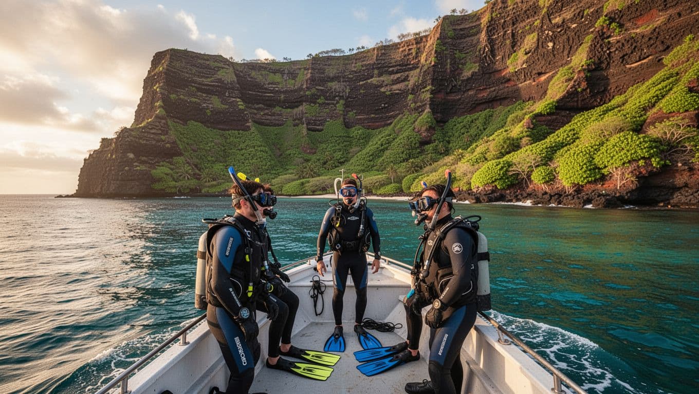 Three snorkelers gearing up with masks and fins on a boat approaching the dramatic volcanic cliffs of Kealakekua Bay, featuring lush greenery, calm turquoise sea, cinematic golden hour lighting.