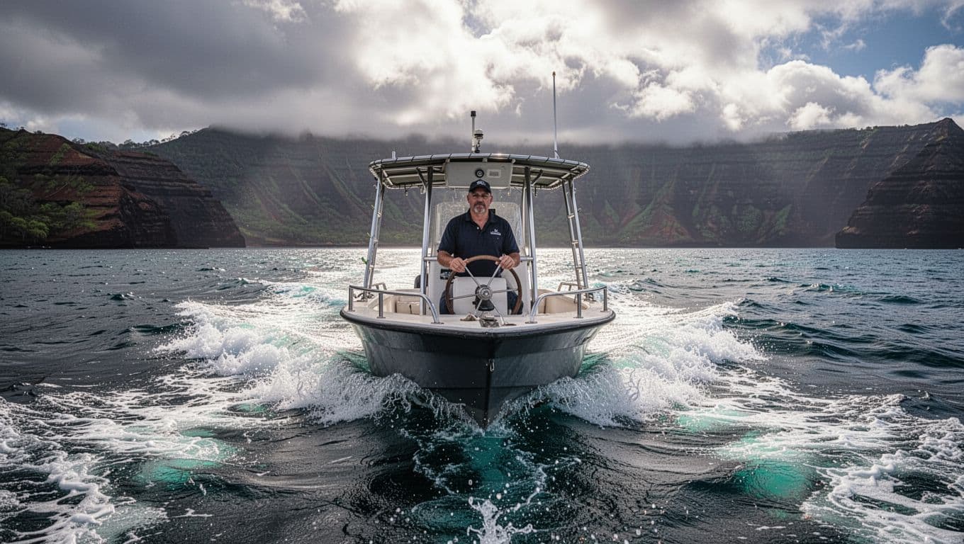 A small snorkel tour boat with a relaxed captain at the helm steadily navigates moderate choppy waves in Kealakekua Bay, Big Island, Hawaii, under partly cloudy windy skies with distant volcanic cliffs.