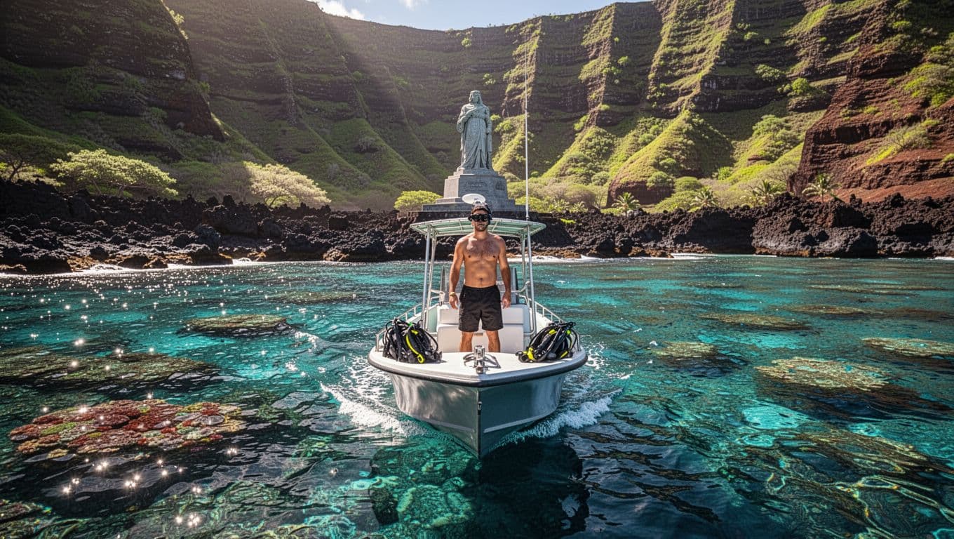 A small snorkel boat approaches clear water beneath Hawaii's green volcanic cliffs.