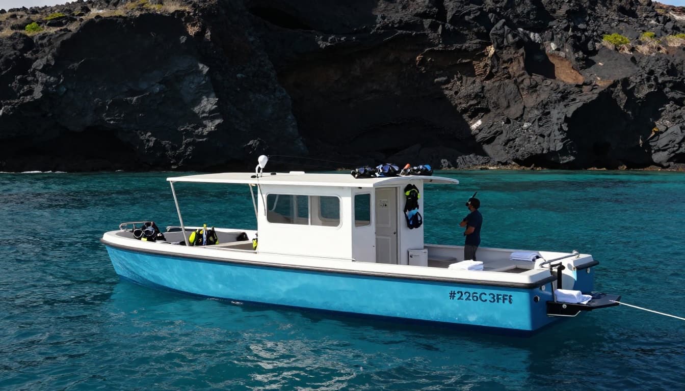 Modern snorkel tour boat anchored in calm turquoise waters of Kealakekua Bay, Big Island Hawaii, with volcanic cliffs, shaded seating, snorkel gear, restroom door, towels, and one crew member.