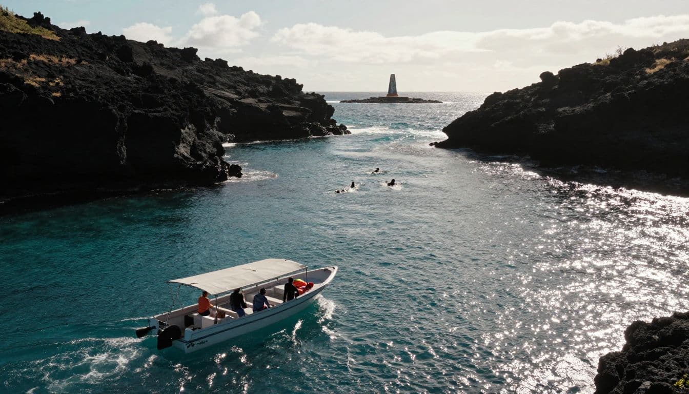 A tour boat with four snorkelers approaches Kealakekua Bay beneath dark volcanic cliffs.