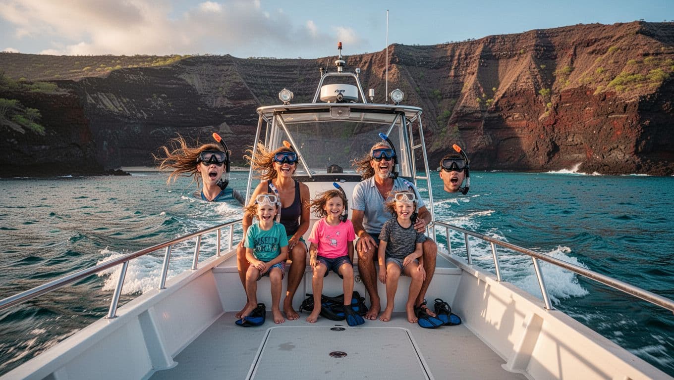 A snorkel boat approaches Kealakekua Bay on Hawaii's Big Island, with two adults and two kids seated excitedly in the bow seats, wind in their hair, turquoise waves crashing against dramatic volcanic cliffs in cinematic golden hour lighting.