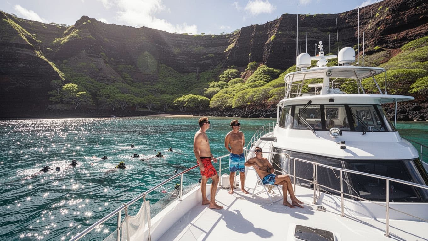 Luxury snorkel boat anchored in turquoise waters of Kealakekua Bay, two guests on deck watch snorkelers, volcanic cliffs and greenery backdrop.