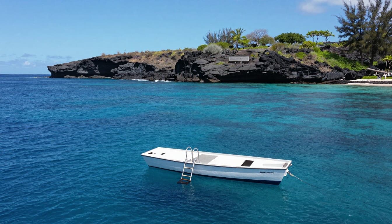 Panoramic view of Kealakekua Bay, Big Island Hawaii, with a snorkel tour boat anchored in turquoise waters, sturdy ladder extended, coral reefs visible, volcanic cliffs, and Captain Cook monument under clear skies.