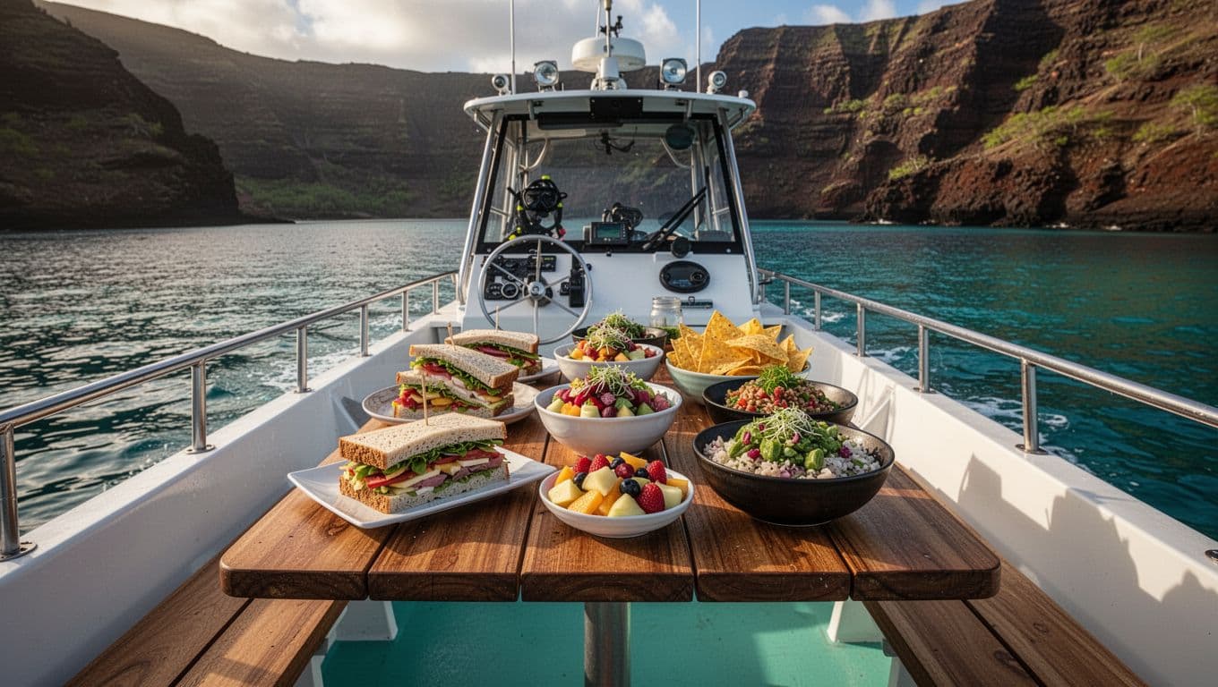 Fresh tropical lunch spread with sandwiches, fruit salad, poke bowls, and chips arranged on a wooden picnic table on the deck of a snorkel boat in calm turquoise Kealakekua Bay waters near Big Island Hawaii rocky cliffs.