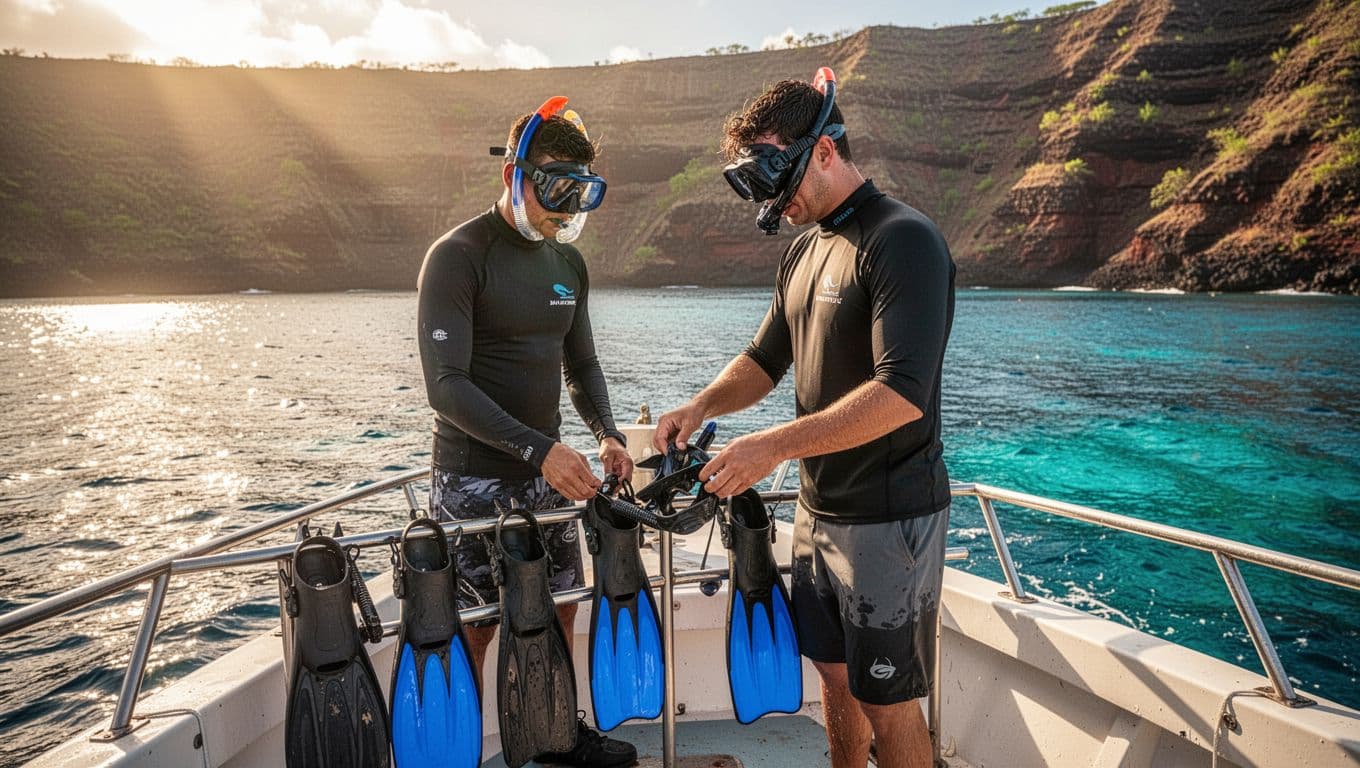 A snorkeling guide stands beside gear on a boat near Kealakekua Bay.