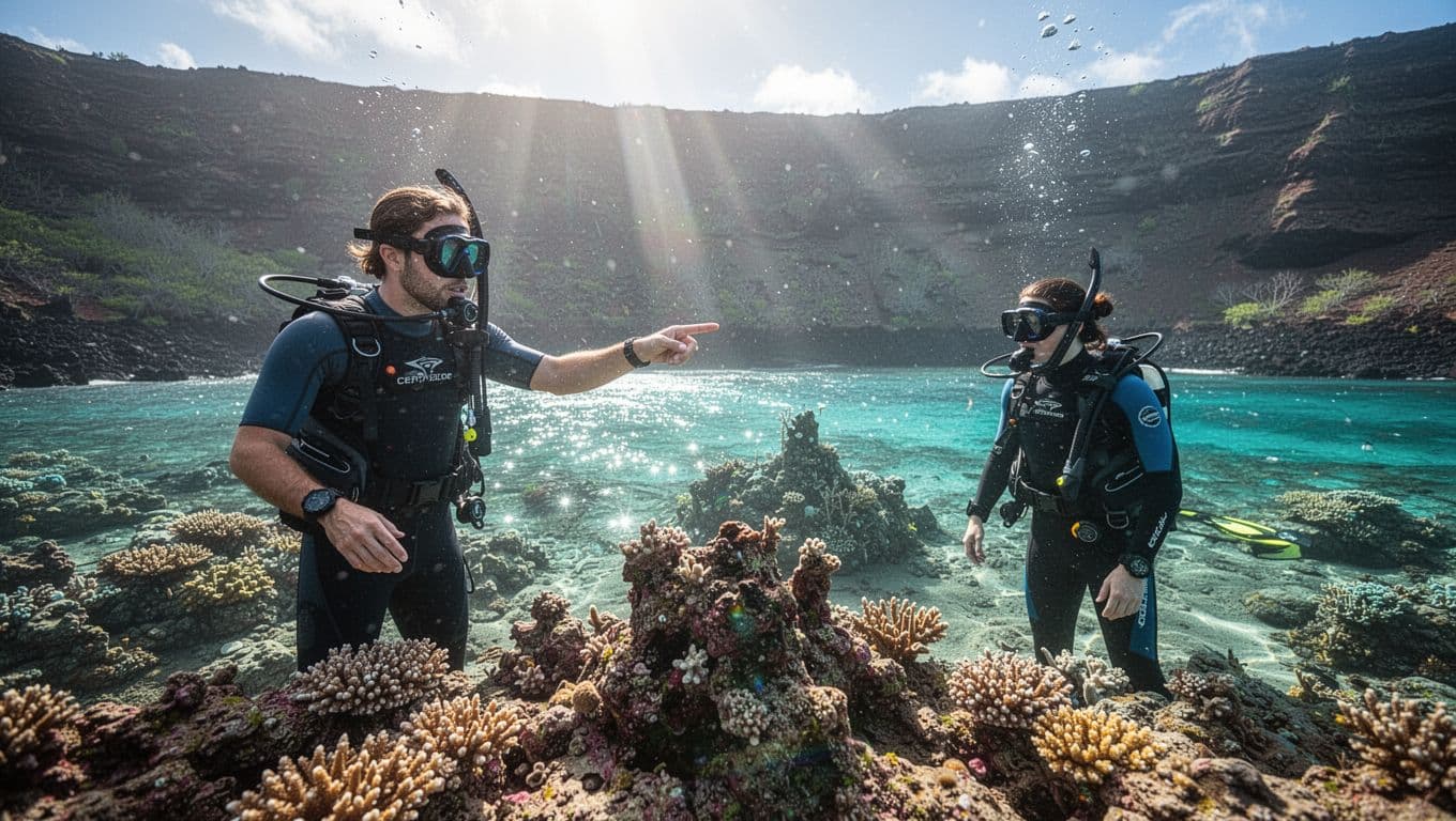 A guide points out coral as a snorkeler watches from a safe distance.