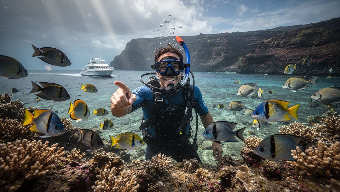 Snorkel guide points to colorful tropical fish and coral reef in clear shallow water of Kealakekua Bay, mask up and smiling.