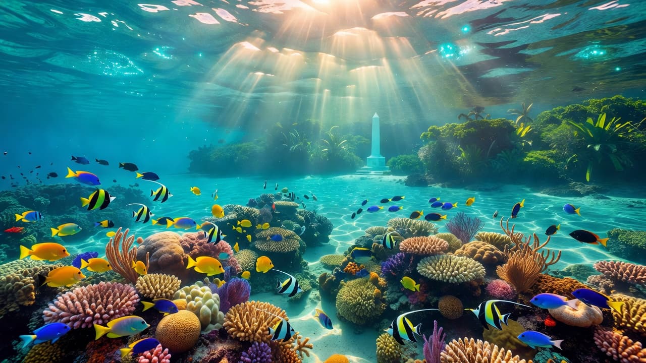 Sunlight rays pierce through the calm turquoise surface of Kealakekua Bay, illuminating vibrant coral reefs and schools of tropical fish. The historic Captain Cook monument stands prominently along the lush shoreline.
