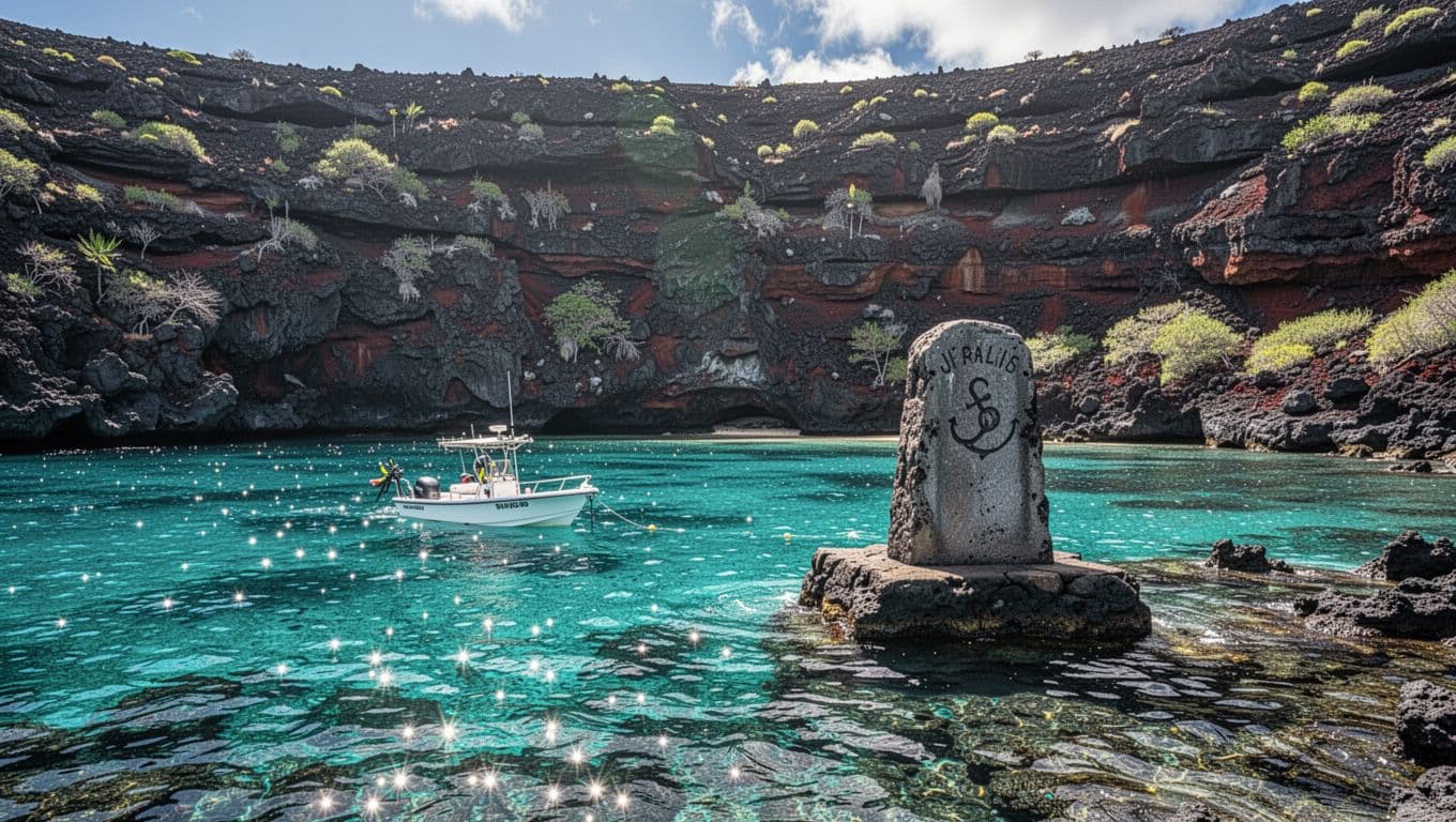 A wooden snorkel boat rests peacefully in the vibrant turquoise waters of a Hawaiian bay. Towering volcanic cliffs frame the shoreline while bright sunlight shimmers across the crystal clear ocean surface.