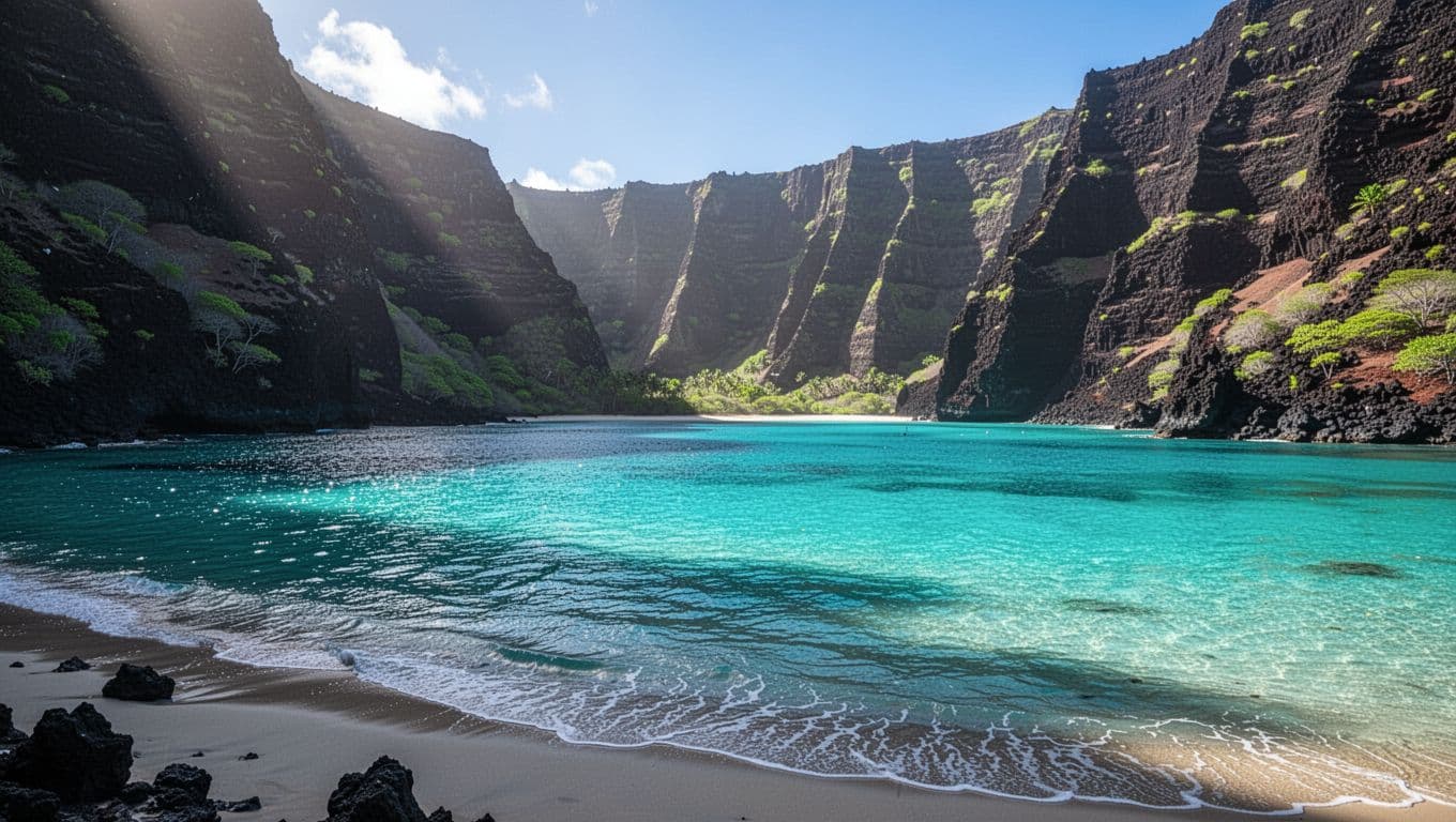 Vibrant turquoise waters meet volcanic cliffs on a clear, sunny day at a tropical bay.