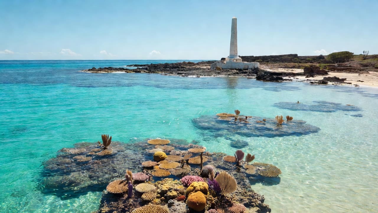 The clear turquoise waters of a Hawaiian bay with the white Captain Cook Monument visible on the distant shore.