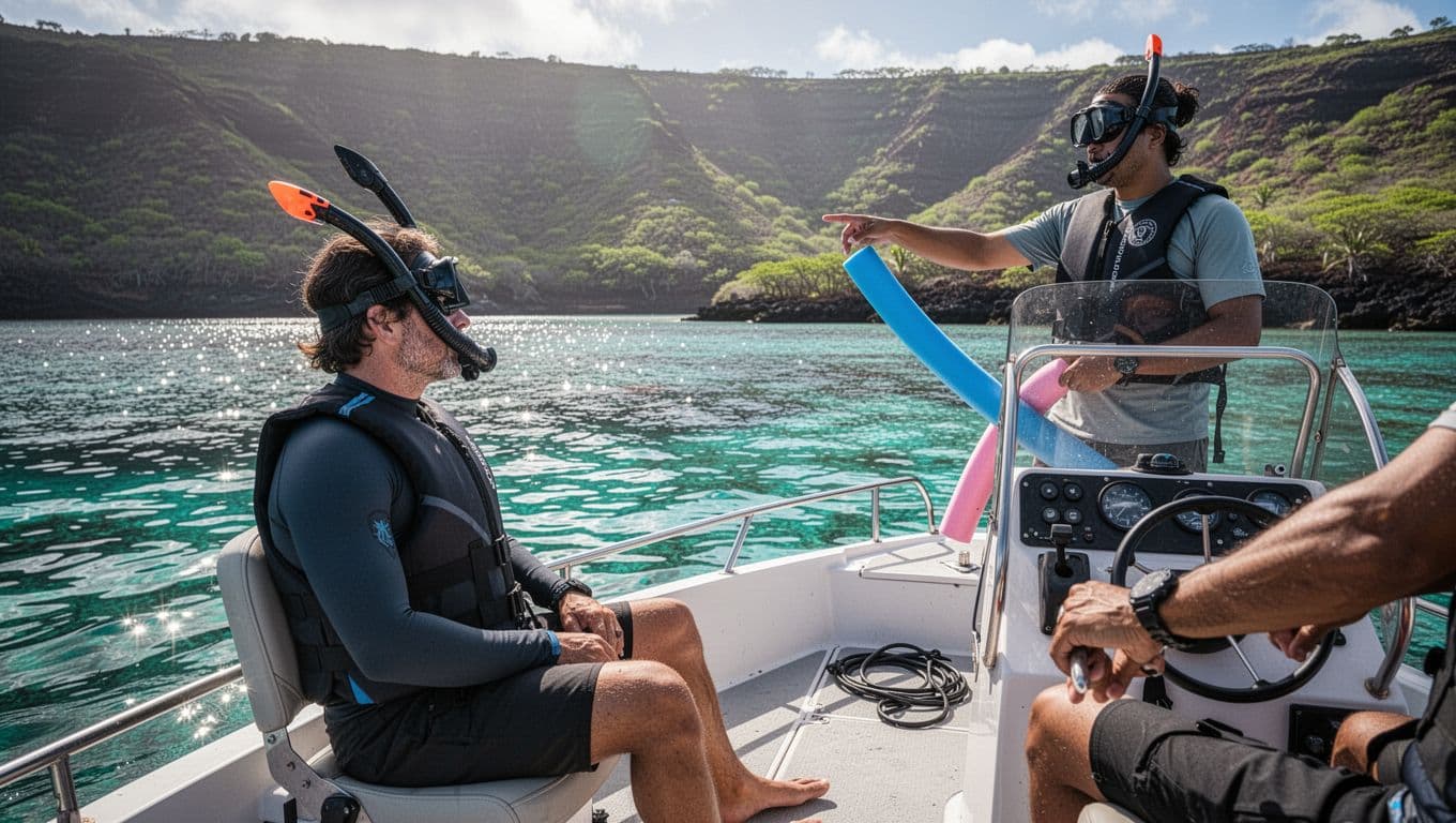 A guide offers a flotation noodle to a guest seated on a boat in calm Hawaiian waters.