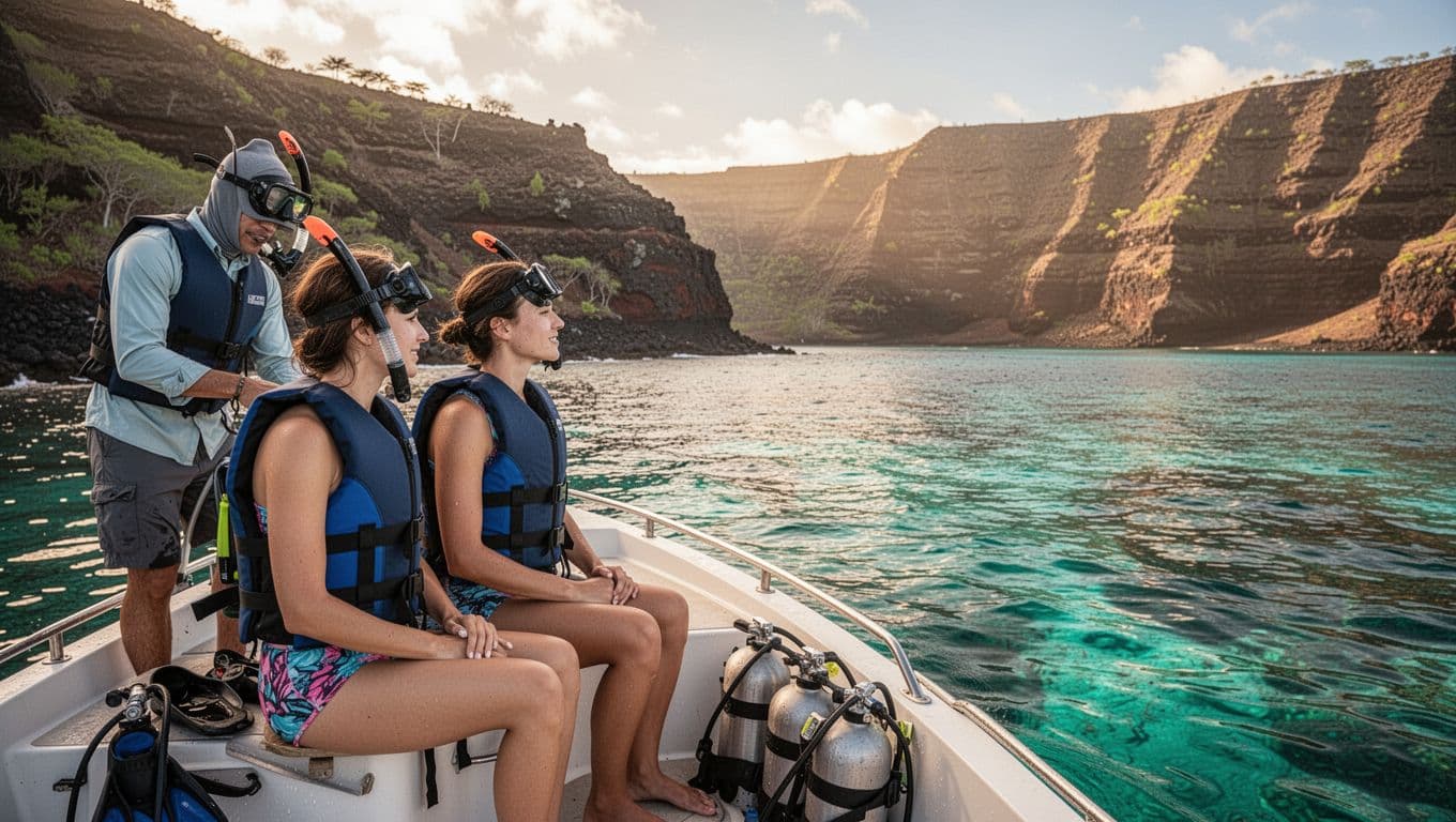 A couple and guide prepare for snorkeling on a boat in calm Kealakekua Bay.