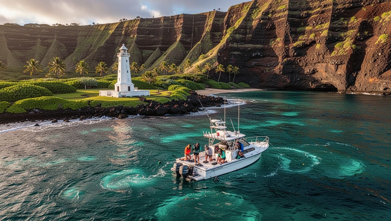 Scenic golden hour view of Kealakekua Bay on Big Island Hawaii, featuring historic Captain Cook Monument, volcanic cliffs, turquoise snorkeling waters, and anchored tour boat with four relaxed passengers.
