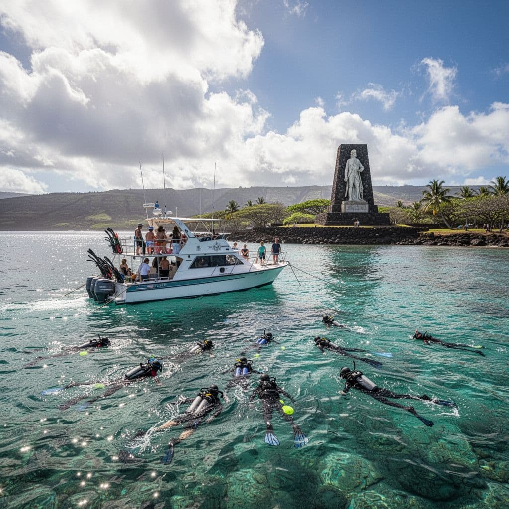 Snorkelers swim near a boat in turquoise waters by the Captain Cook monument in Kealakekua Bay.