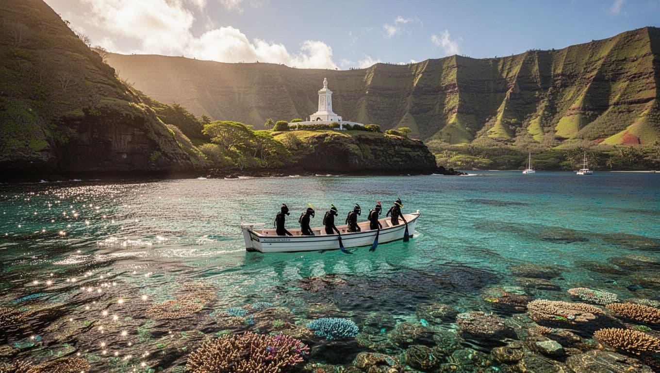 Wide boat view of Kealakekua Bay with clear turquoise water, visible coral reef, Captain Cook monument, and green volcanic cliffs.