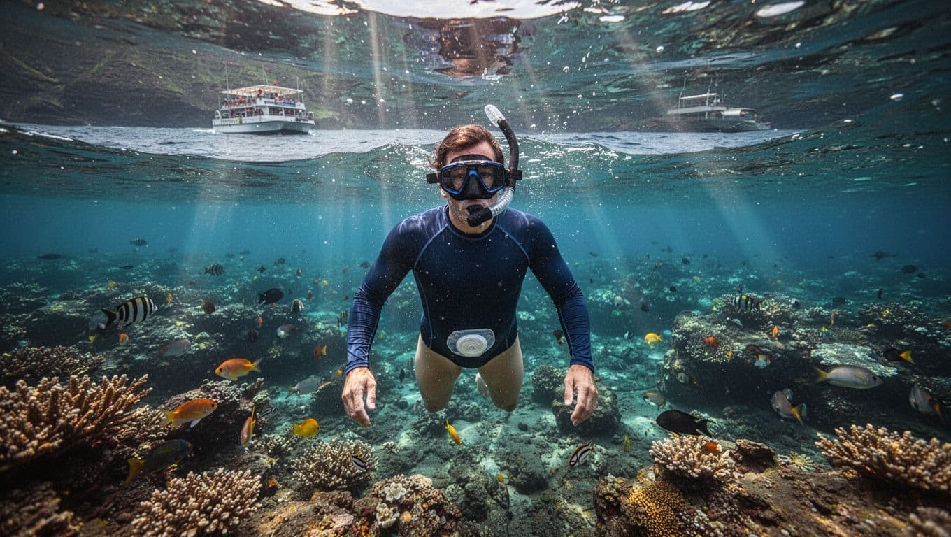One snorkeler floats above a colorful reef in clear blue water.