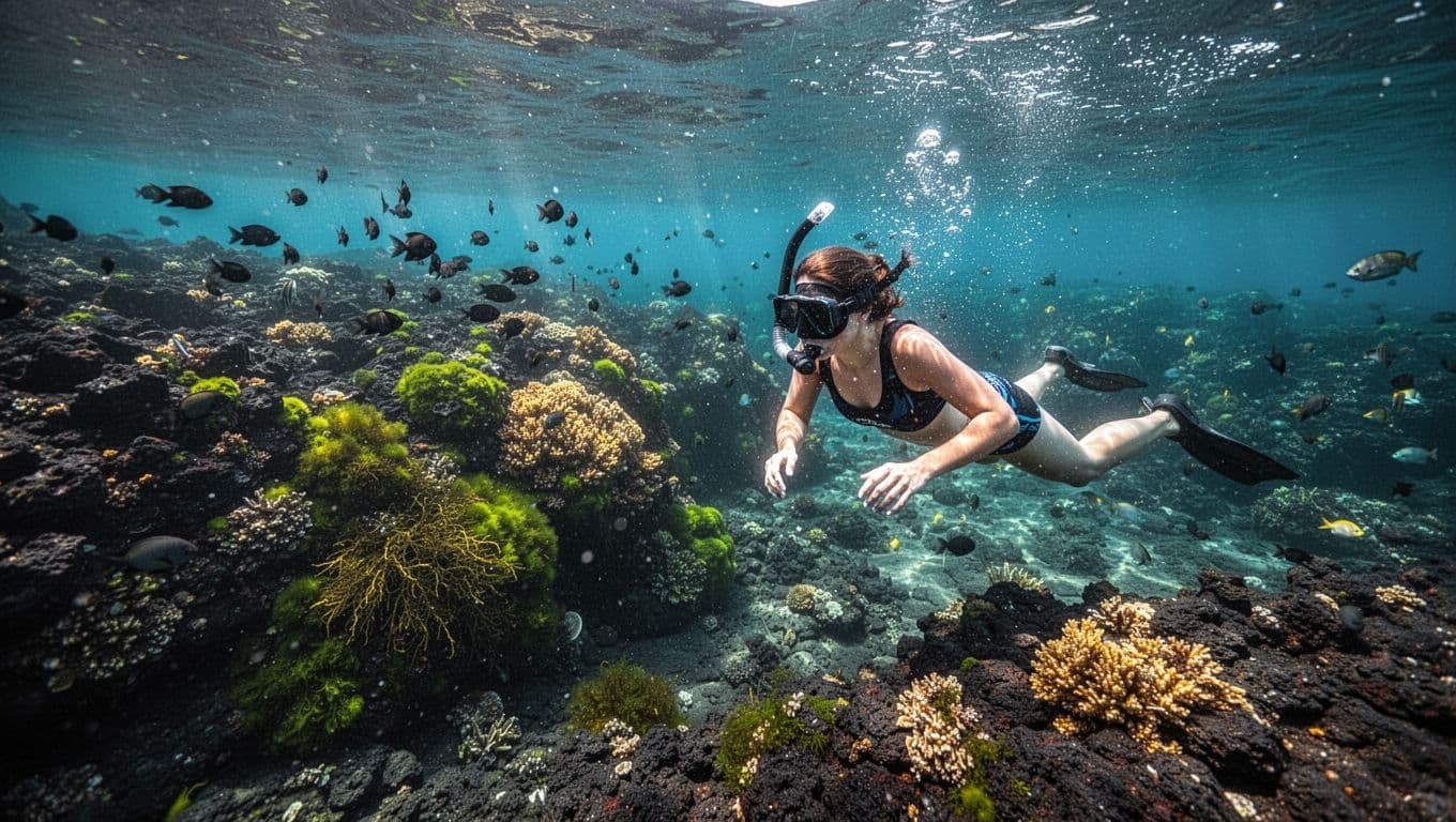 A snorkeler observes algae-covered lava rock with small fish in clear Hawaiian water.