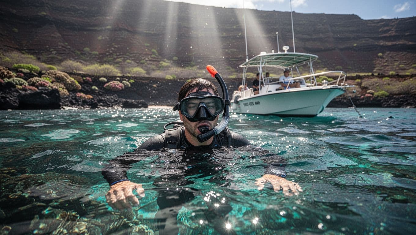 One snorkeler floats beside a boat over a coral reef.