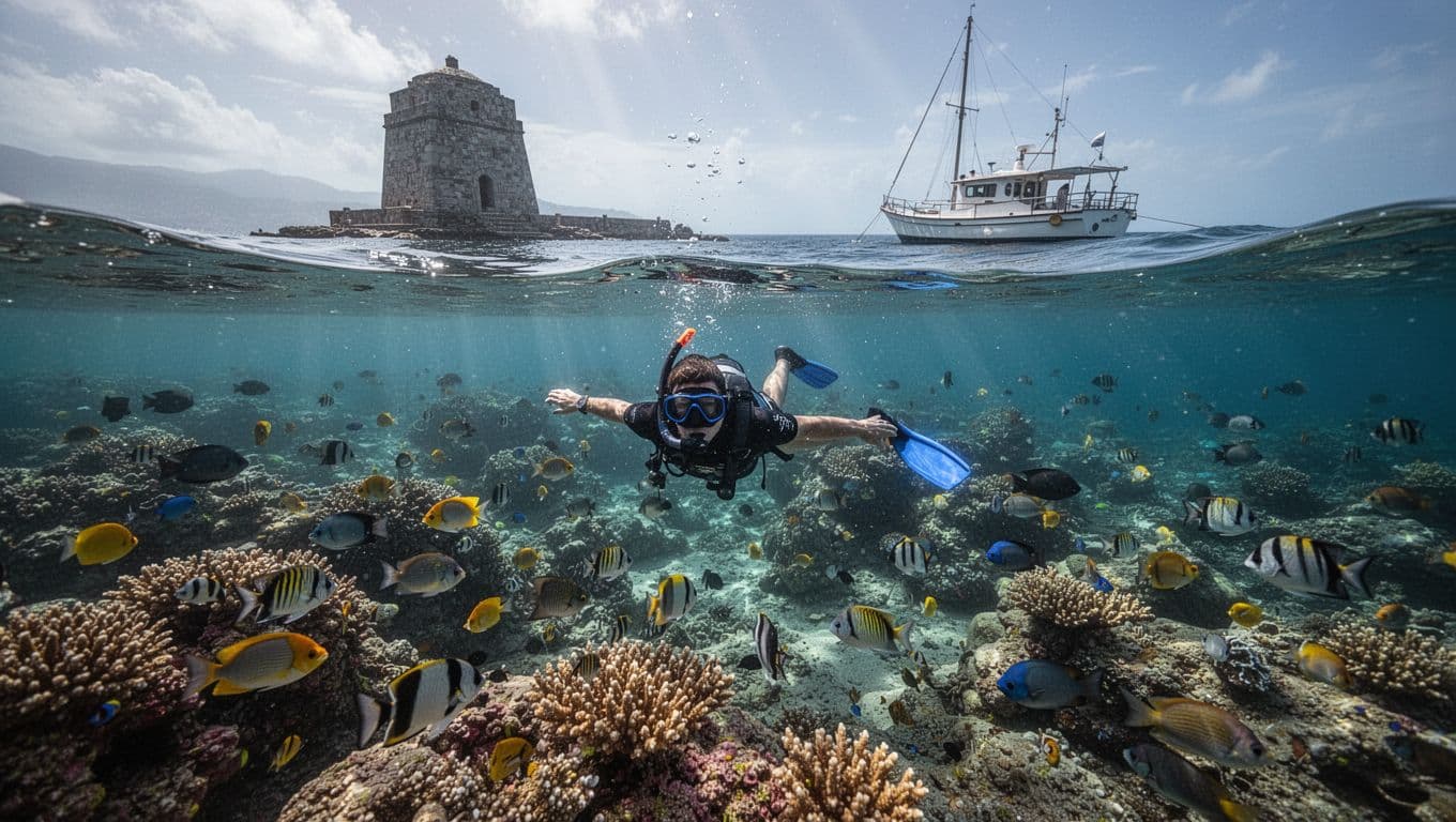 A snorkeler explores crystal-clear waters near the historic Captain Cook monument at Kealakekua Bay, with vibrant tropical fish, coral reef below, anchored boat, and dramatic underwater light rays.