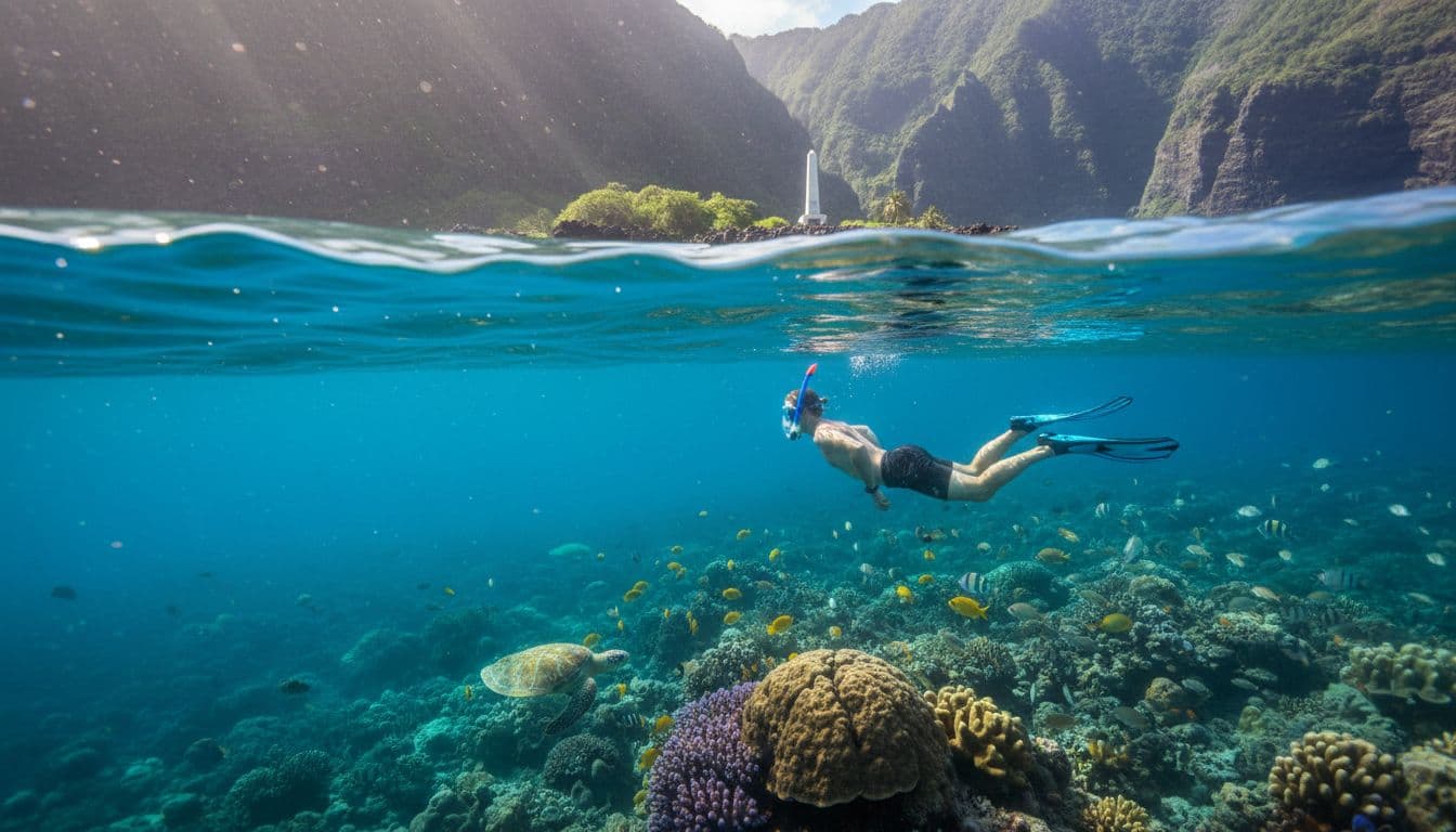 Snorkeler from behind views marine life on vibrant reef in clear turquoise waters of Kealakekua Bay near Captain Cook Monument, volcanic cliffs behind.
