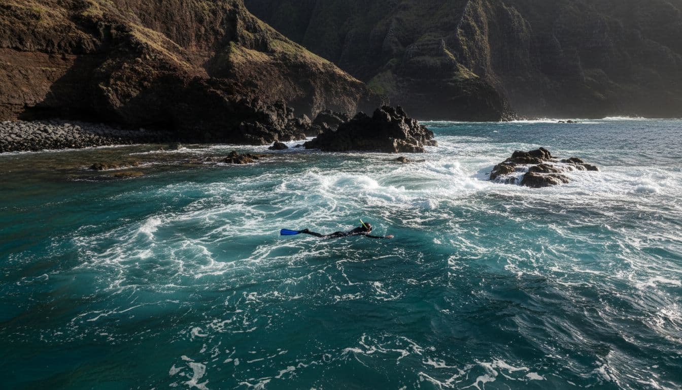 Snorkeler in relaxed pose navigates choppy currents and waves around rocky reefs near shore in Kealakekua Bay, volcanic cliffs behind.